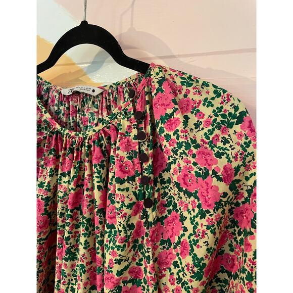 Zara Floral Babydoll Smock Mini Dress Pink Roses Ruffle Hem Size Large - Picture 12 of 12